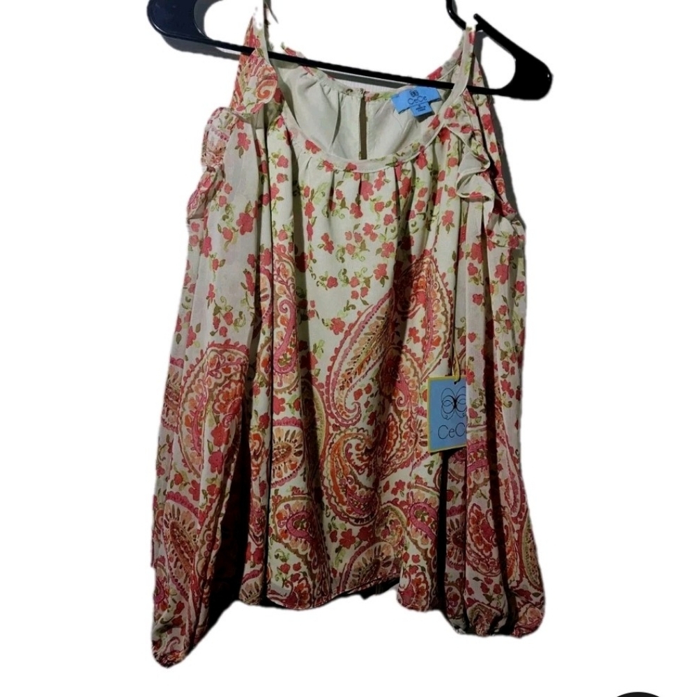 CeCe Brand. Womens Shirt. Size S M. Flowery Yellow Orange. Cream. New Tags